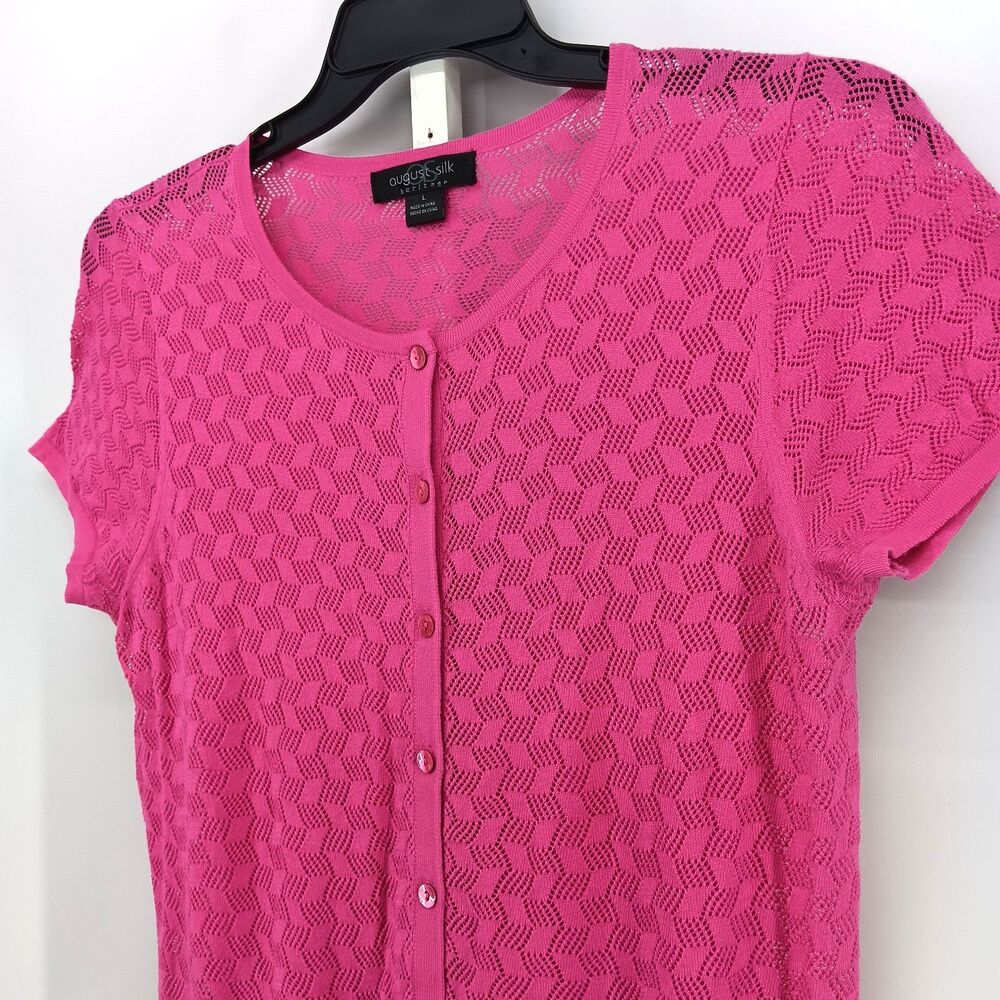 August Silk Blouse Womens Large Pink Perforated Short Sleeve Casual Button Up - Picture 2 of 6